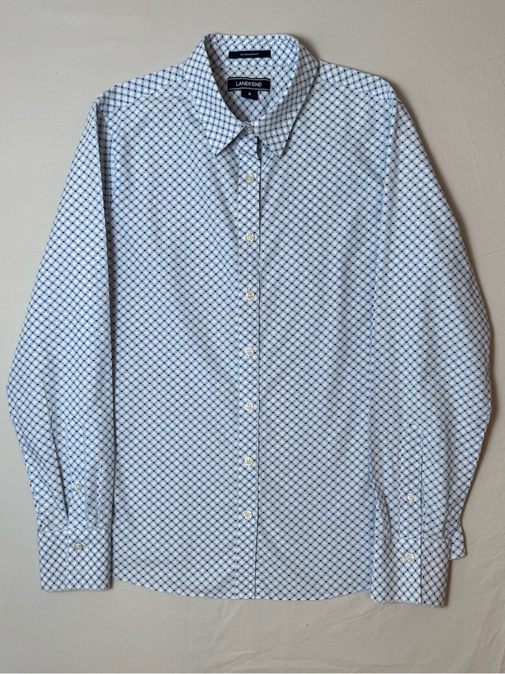 Lands' End Women’s Blue Patterned Button-Up Shirt No Iron Supima Cotton Size 8